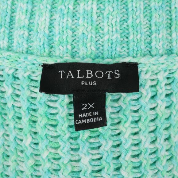 Talbots Sweater Plus Size 2X Green Cotton Chunky Knit Tunic Pullover V neck - Picture 3 of 11